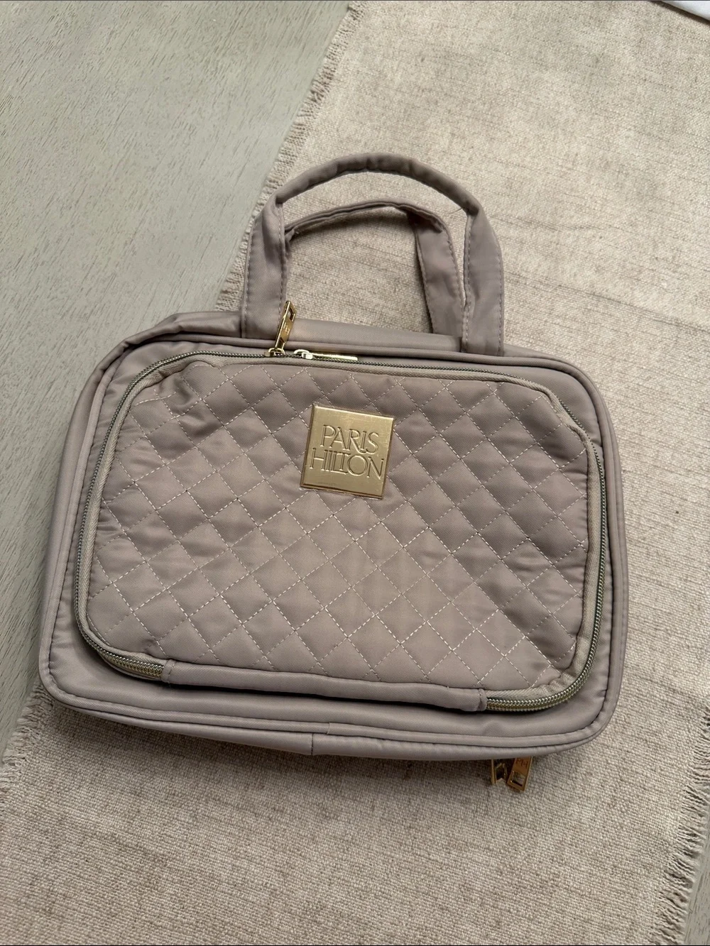 Paris Hilton Quilted Taupe Cosmetic Train Case with Gold Logo
